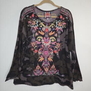Johnny Was PXL Camo Embroidered Waffle Knit Floral Thermal Top Petite